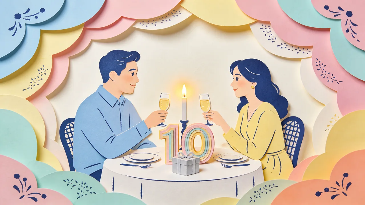 Papercut-style scene of a tin rose, a diamond ring box and a wrapped gift beside a paper number ten, warm evening light