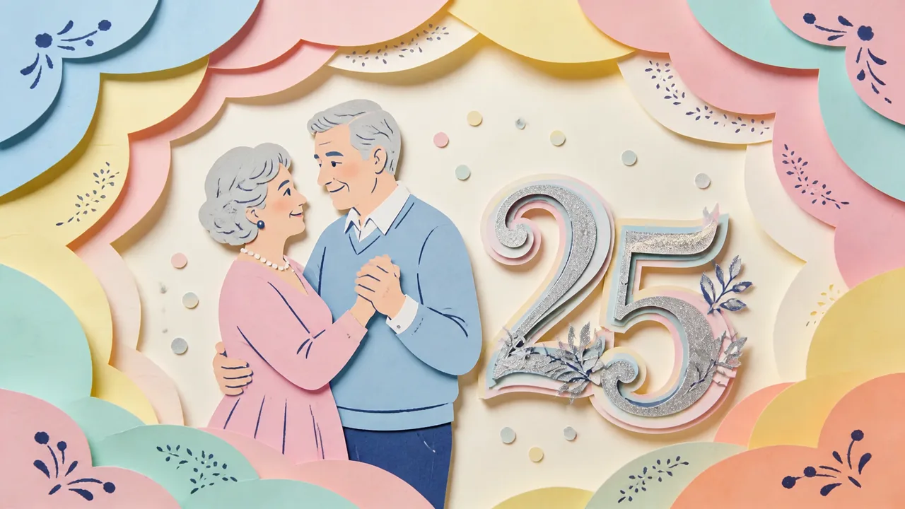 Papercut-style scene of a couple dancing beside a candlelit table set with silver gifts, a framed wedding photo and sheet music, under twenty-five paper stars