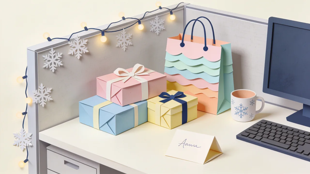 Papercut-style office scene at Christmas: a shared desk with small wrapped gifts, a bag of coffee beans, a potted desk plant, a laptop showing a video-call grid of remote colleagues, and paper snowflakes in the window behind