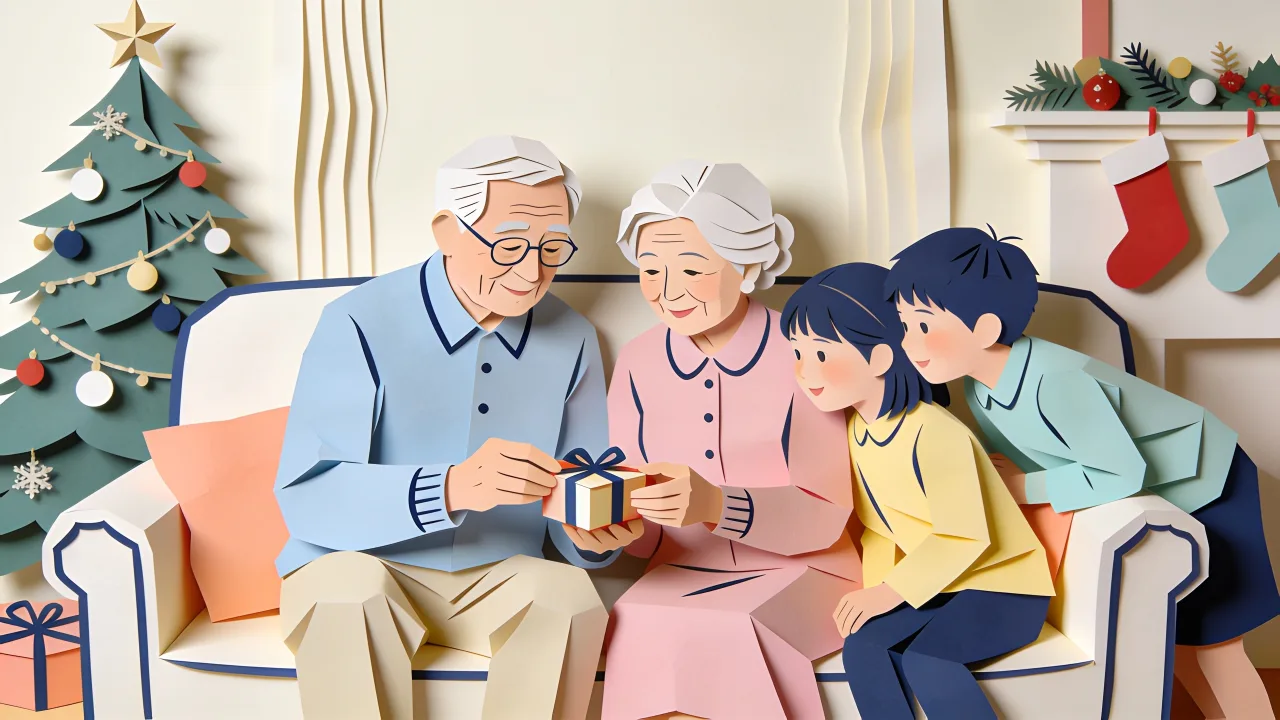 Papercut-style Christmas scene: a grandmother and grandfather in armchairs by a lit tree, two young grandchildren handing them a wrapped parcel and a hand-drawn card, a photo frame glowing on the sideboard
