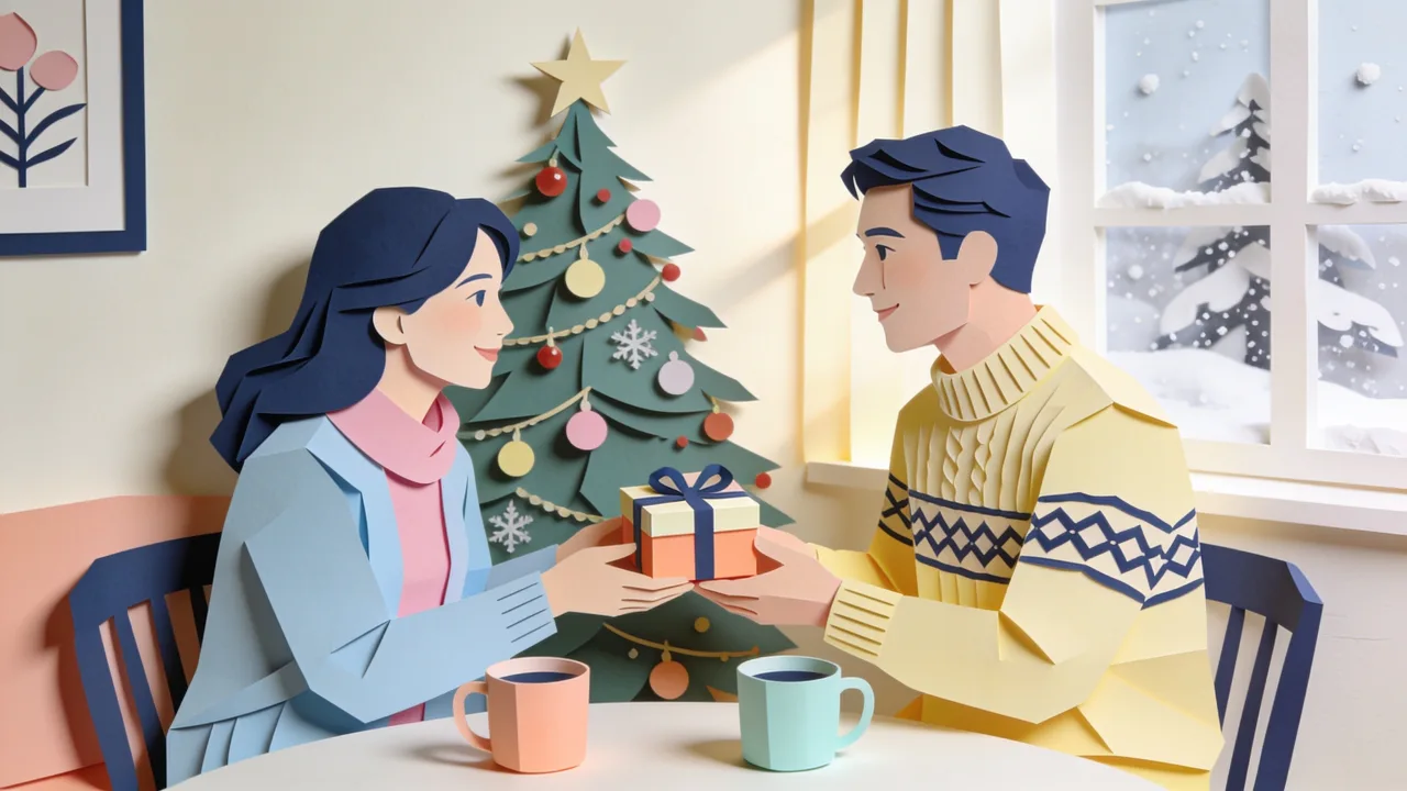 Papercut-style Christmas scene: a man opening a wrapped present in an armchair beside a lit tree, a mug and a dog at his feet, warm morning light through the window