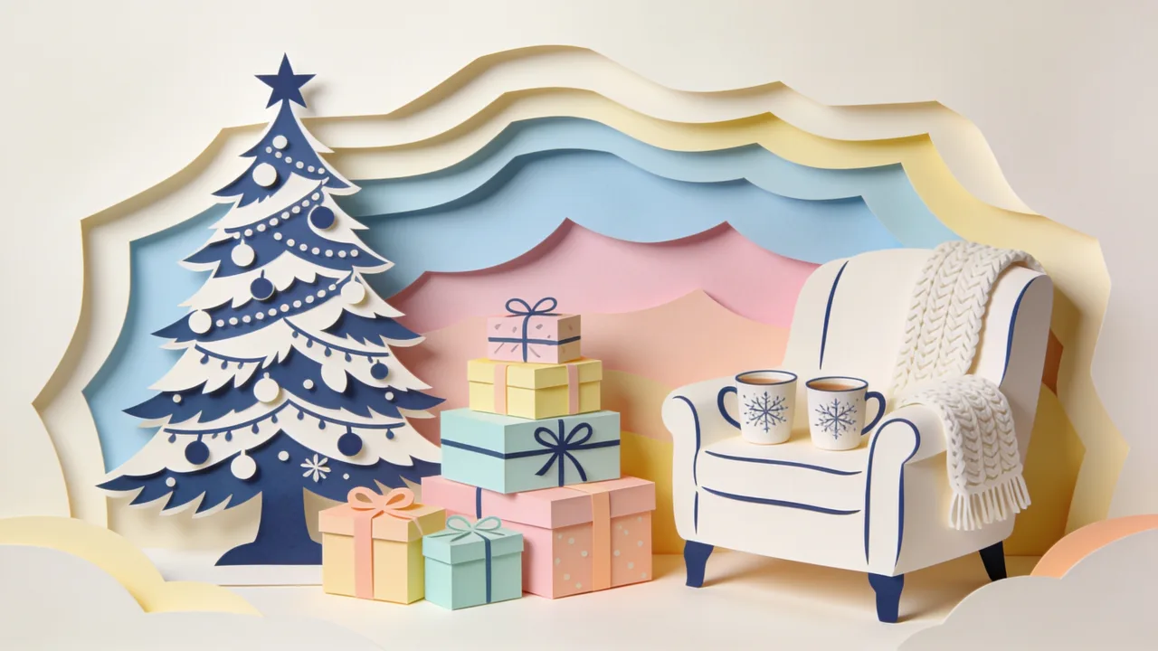 Papercut-style Christmas scene: a decorated tree, a stack of wrapped gifts and two mugs beside a cozy armchair with a knitted throw