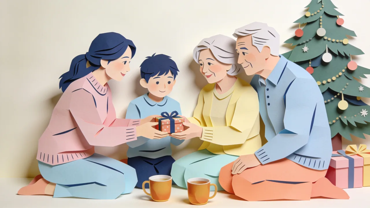 Papercut-style Christmas scene: two grey-haired parents on a sofa beside a decorated tree, an adult son and daughter handing them a wrapped gift and an envelope, warm lamplight and mugs on the coffee table