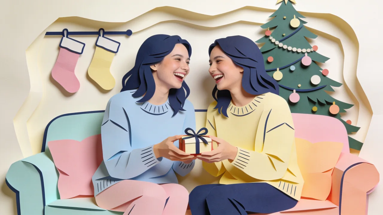Papercut-style Christmas scene: two sisters beside a decorated tree, one handing the other a small wrapped gift tied with ribbon, warm lamplight and two mugs on a side table