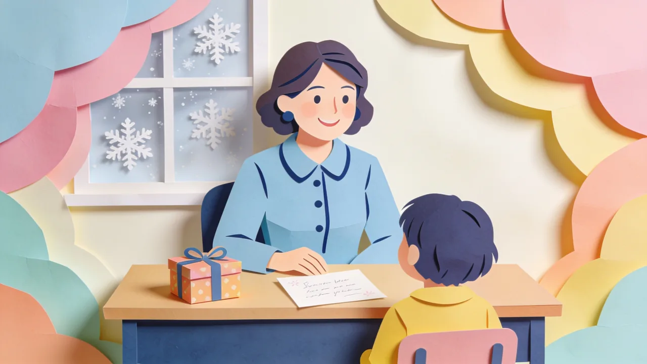 Papercut-style classroom scene at Christmas: a teacher desk with a small wrapped gift, a stack of handwritten cards, a coffee tumbler and a potted plant, paper snowflakes on the window behind