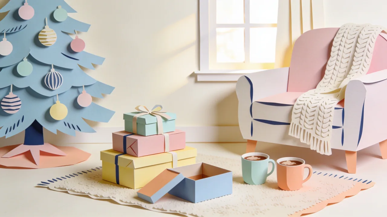 Papercut-style Christmas morning scene: a stack of wrapped presents and one open box on a rug beside a decorated tree, two mugs of cocoa and an armchair with a knitted throw, warm early light