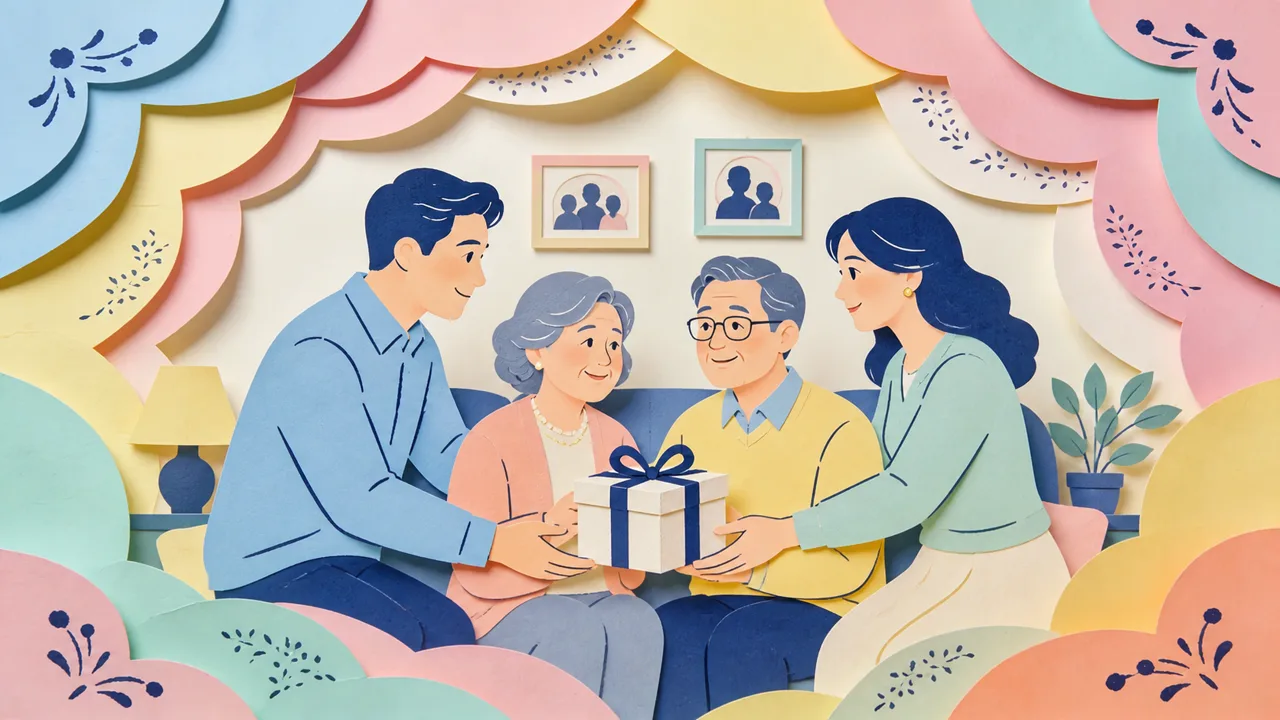 Papercut-style scene of an older couple's anniversary table with a framed wedding photo, a gold rose and handmade cards from the kids, warm light