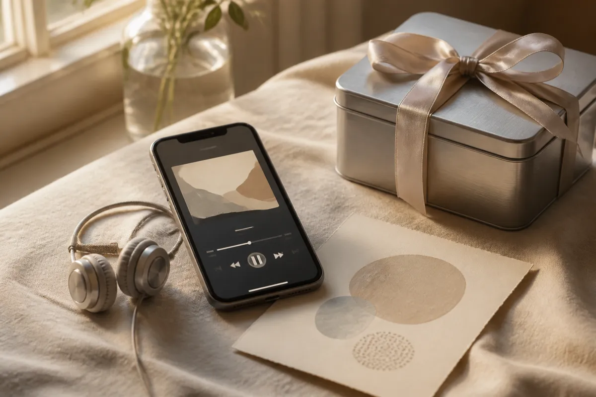 A smartphone playing music on a linen tablecloth beside a printed cream song card and small headphones, a tin-colored gift box tied with rib