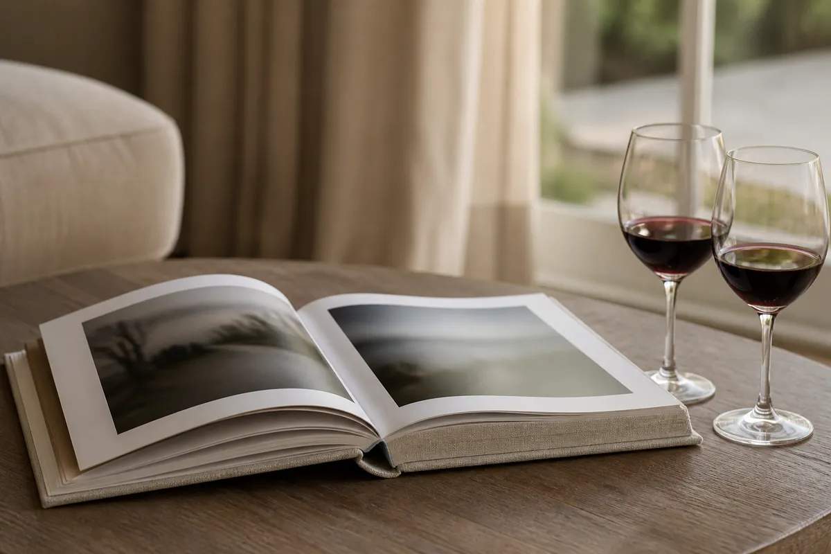 A linen hardcover photo book open at an angle with its photo spreads softly out of focus, on a coffee table beside two glasses of red wine
