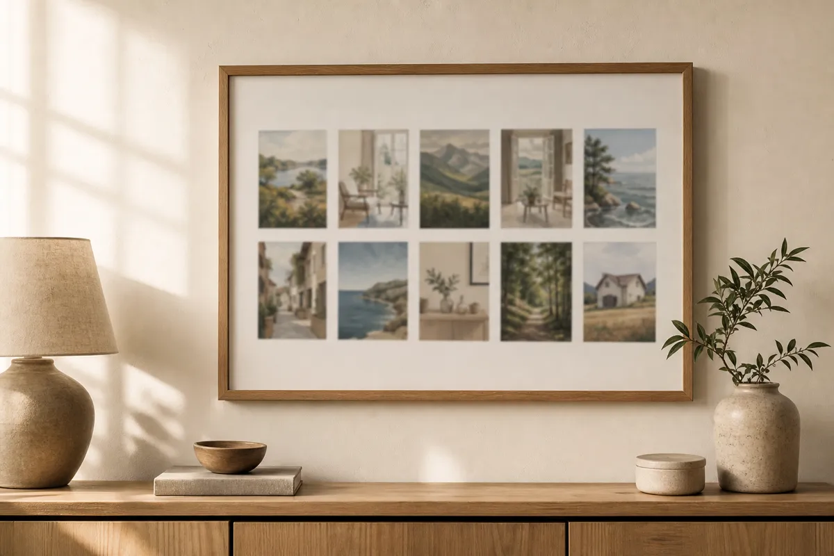 A framed illustrated grid of ten tiny scenes hanging above a sideboard, the details softly out of focus