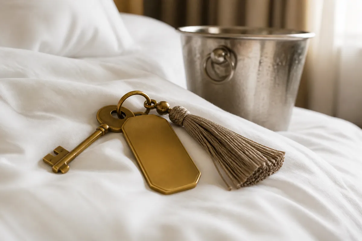 A brass hotel key on a tasseled fob resting on crisp white bedding beside a champagne bucket