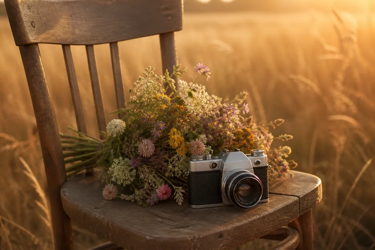 A film camera and a bouquet of wildflowers resting on a wooden chair in a golden field, late evening light, no people