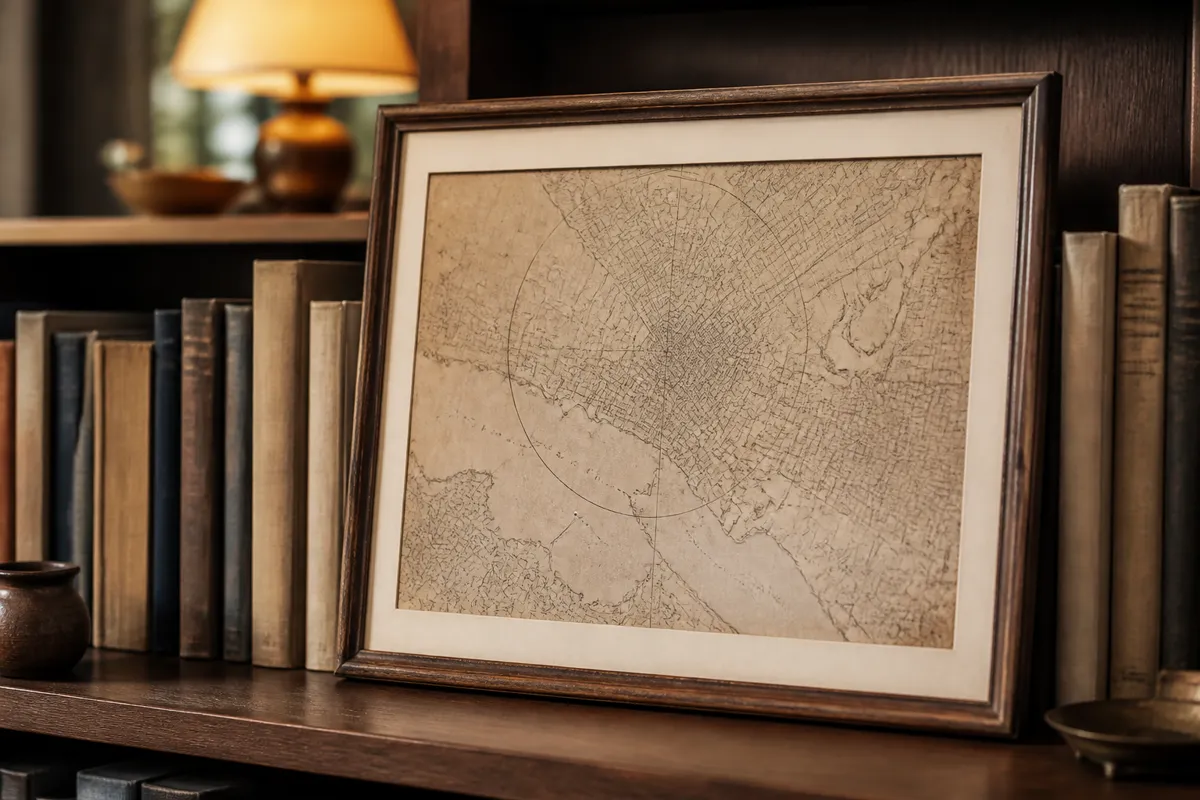 A framed vintage map print in aged sepia tones leaning on a bookshelf, a faint pencil circle barely visible
