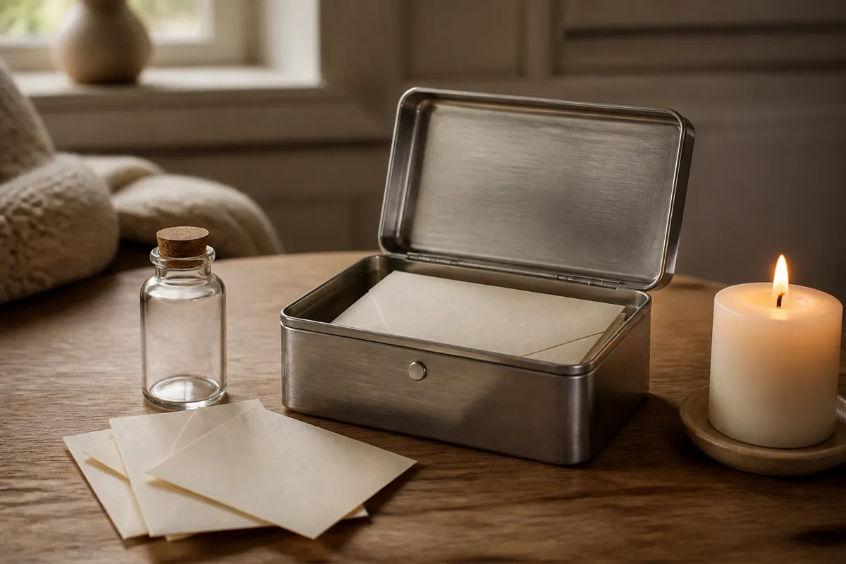 A small steel keepsake box with sealed envelopes and a corked bottle beside it on a wooden table, candlelight
