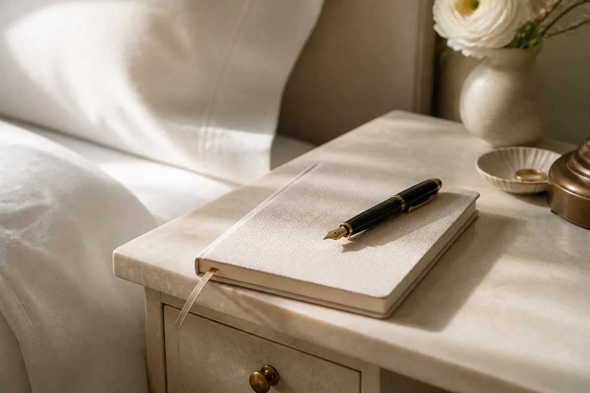 A slim bound journal with a ribbon marker and a fountain pen resting on a bedside table