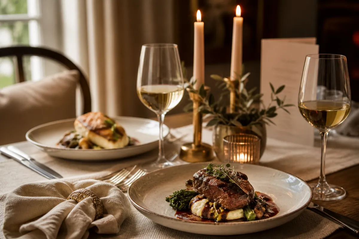 A beautifully plated dinner for two on a home dining table with taper candles and a folded menu card out of focus