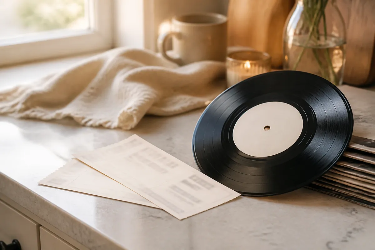 Two concert tickets fanned at an angle with the print softly out of focus beside a vinyl single on a kitchen counter