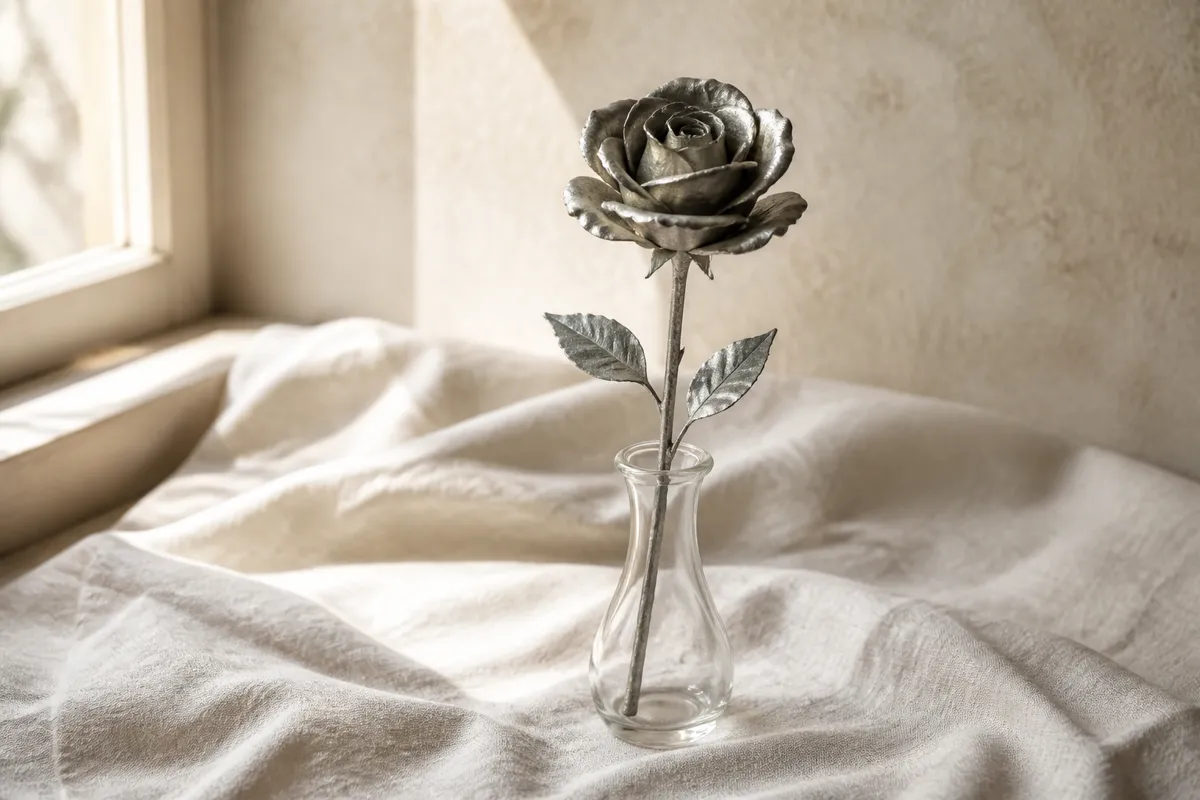 A hand-forged tin rose with hammered petals standing in a slender glass vase on cream linen