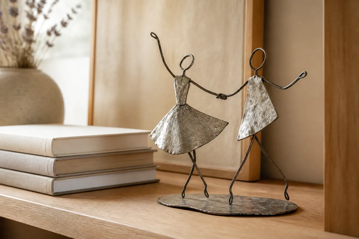 A small wire-and-tin sculpture of two dancing figures on a bookshelf beside a stack of novels