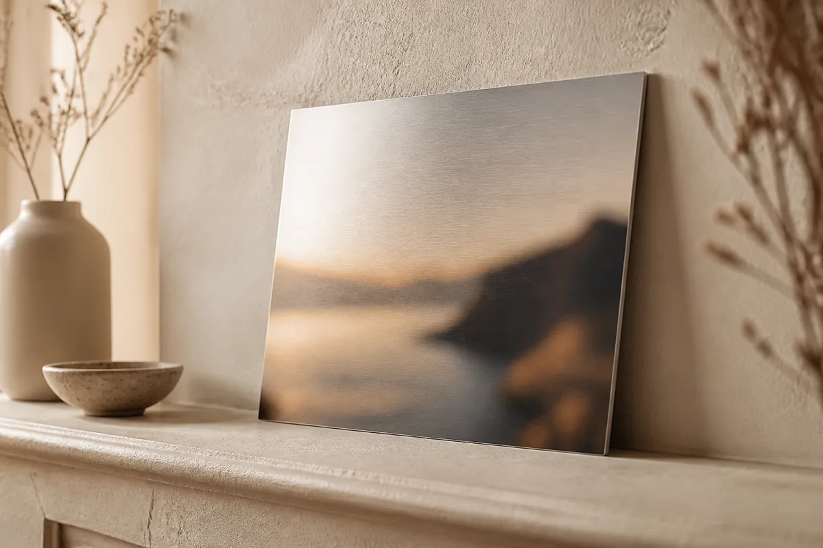 A photograph printed on brushed aluminum leaning on a mantel, the image itself softly out of focus, gallery-soft daylight