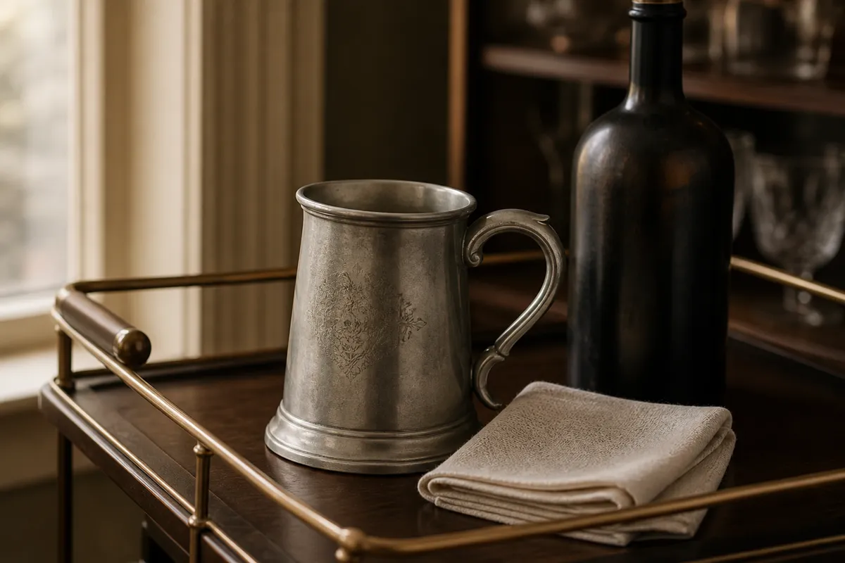An engraved pewter tankard with its lettering softly out of focus on a bar cart beside a folded cloth and a dark bottle, moody warm light