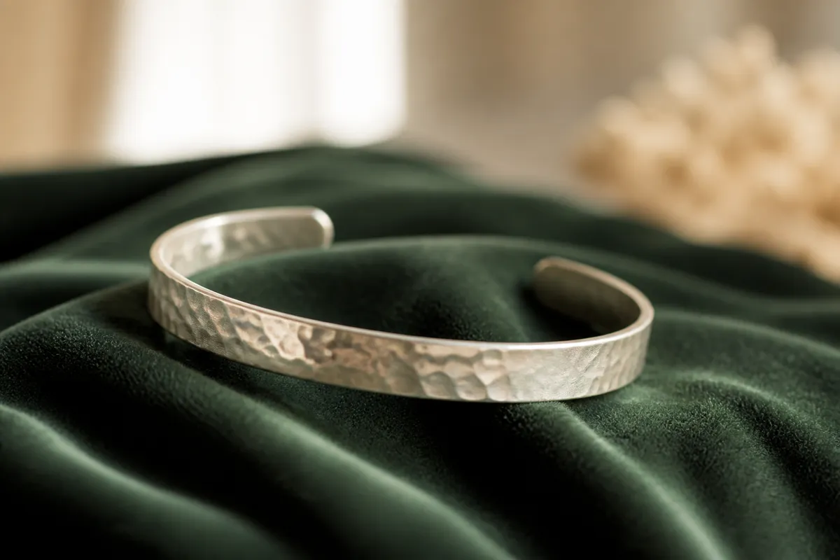 A hammered aluminum cuff with tiny stamped lettering softly out of focus, resting on deep green velvet, window light