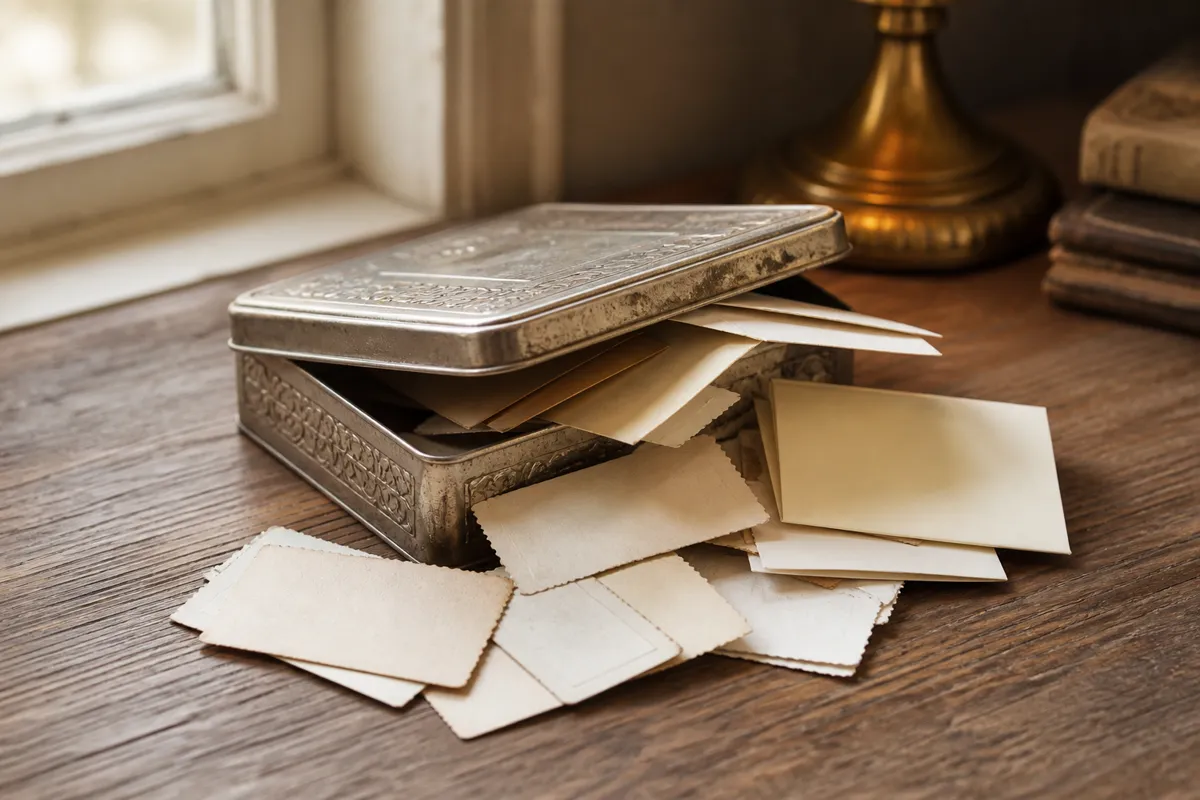 A small engraved tin box lying open with ticket stubs and folded notes gently spilling out, on a wooden desk
