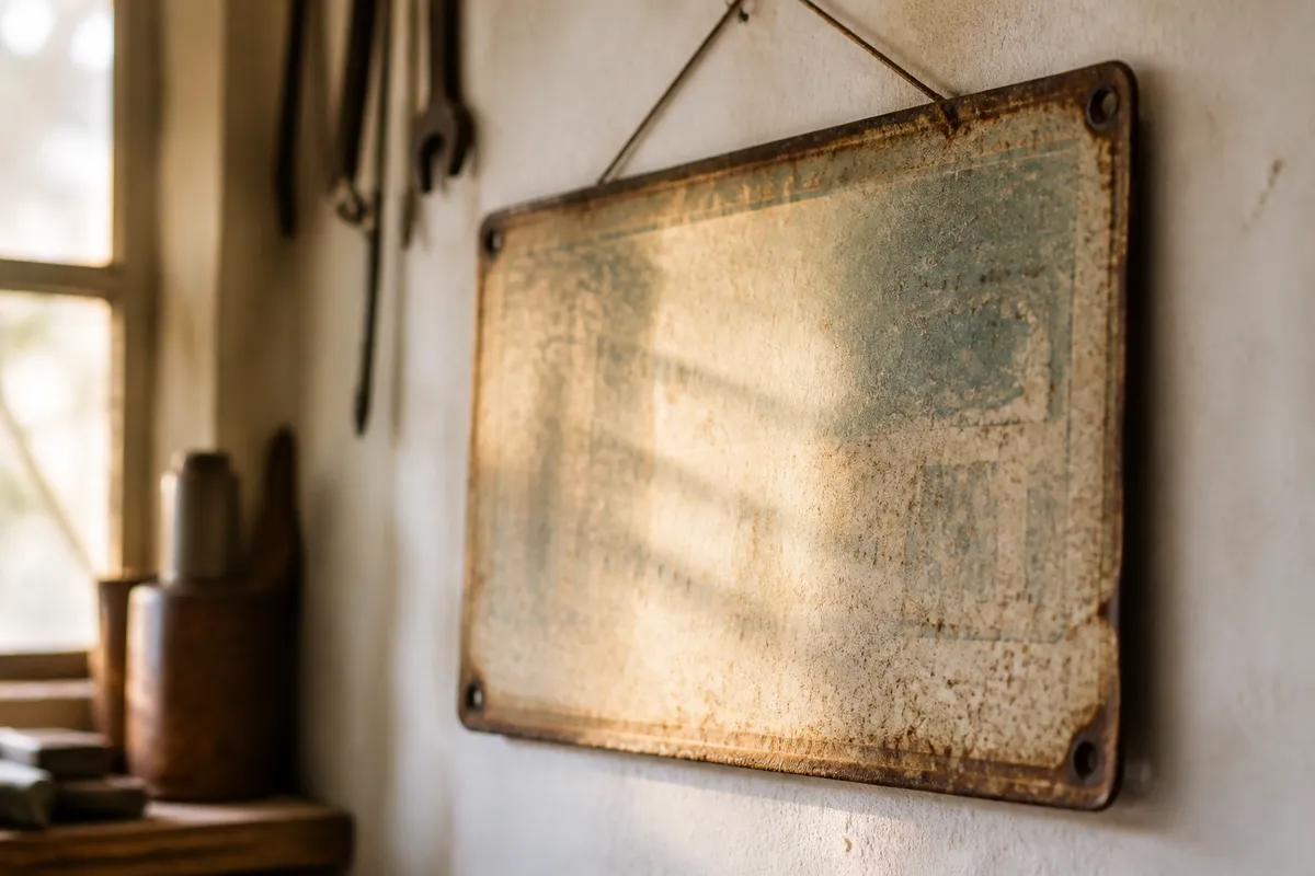 A weathered vintage tin sign with faded paint hanging at an angle on a workshop wall, its lettering softly out of focus, afternoon light