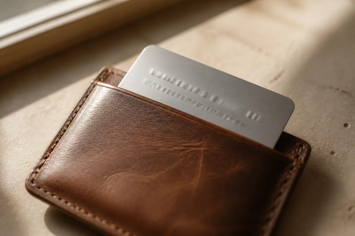 A stamped aluminum card with tiny lettering out of focus tucked halfway into a leather wallet on a table
