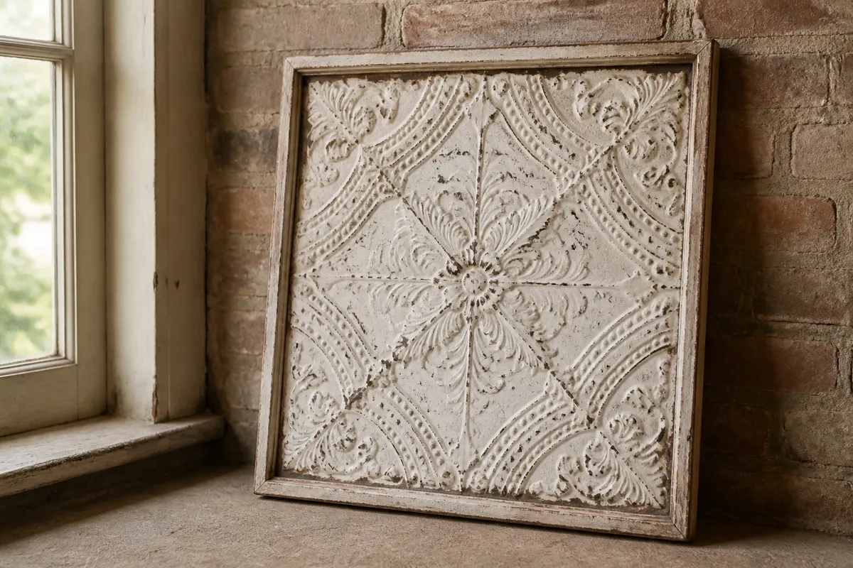 A framed antique tin ceiling tile with an ornate pressed pattern and chipped white paint, leaning against a brick wall, daylight