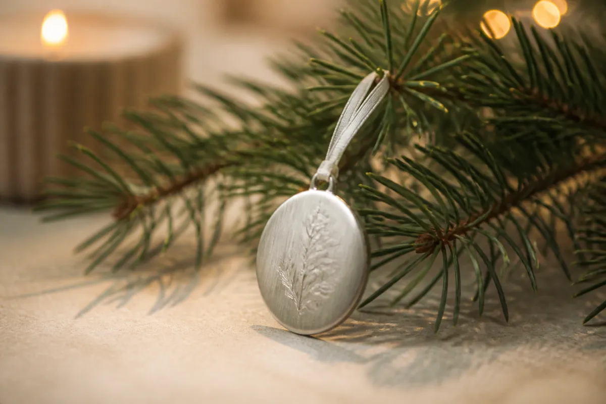 A small engraved metal ornament hanging from a sprig of pine laid on a table, the engraving softly out of focus