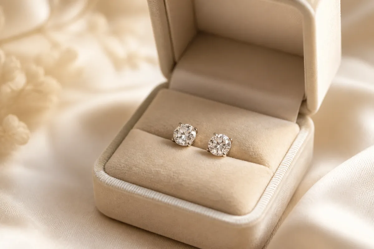 A pair of diamond stud earrings on a small velvet cushion inside an open jewelry box