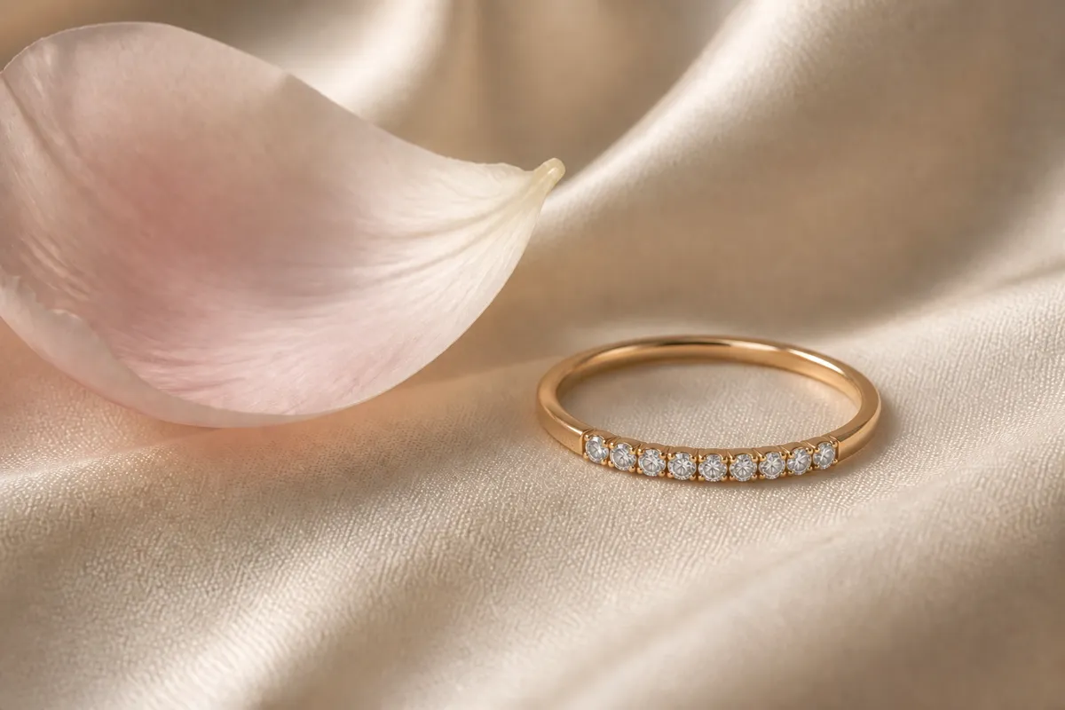 A slim ring set with a row of ten small diamonds resting on cream silk beside a single peony petal
