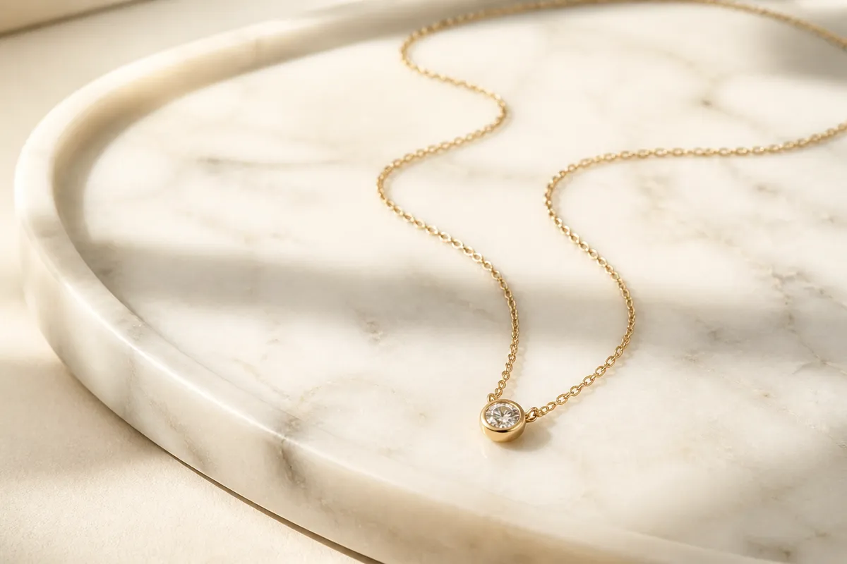 A fine chain necklace with a single bezel-set diamond laid on a white marble tray