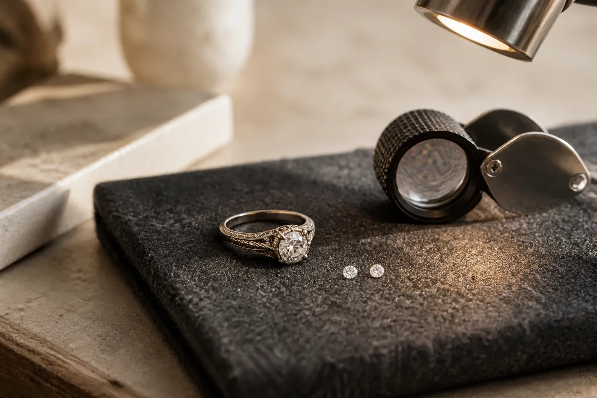 A vintage engagement ring beside two loose small diamonds on a jeweler's dark felt pad with a loupe nearby, focused bench light