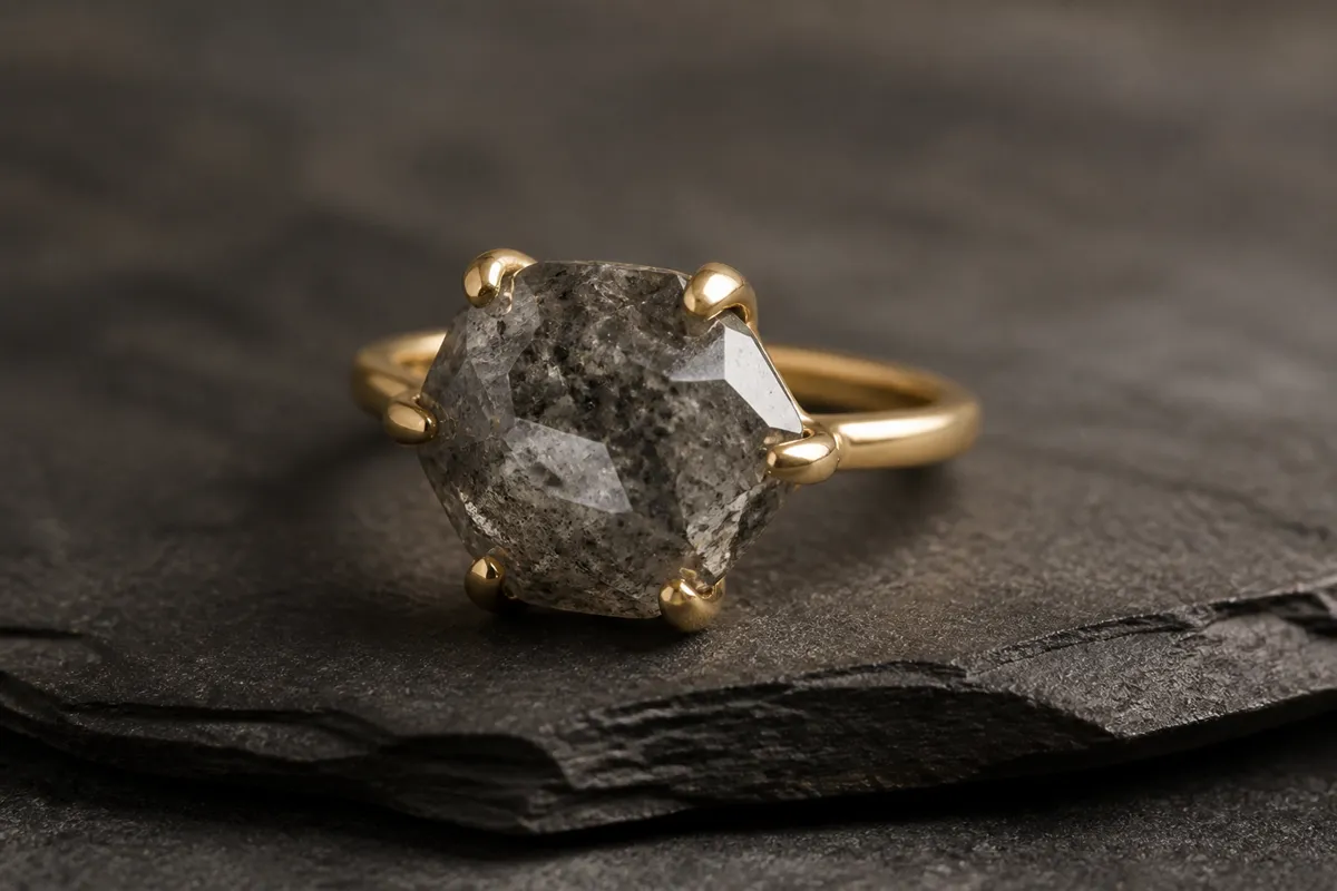 A ring with a grey speckled rough-cut stone in a gold setting resting on textured slate, dramatic side light