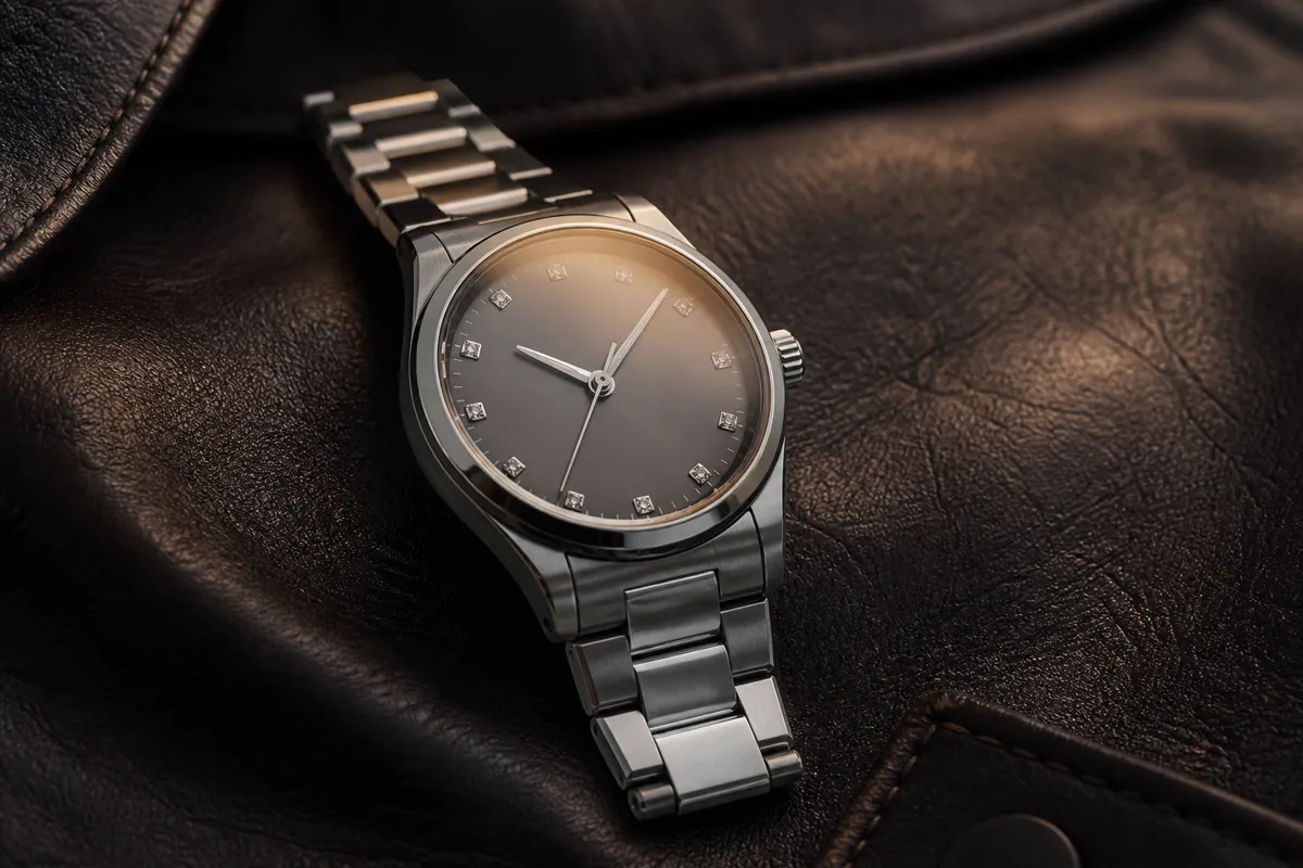 A steel dress watch with subtly sparkling hour markers lying on dark leather, low warm light catching the crystal