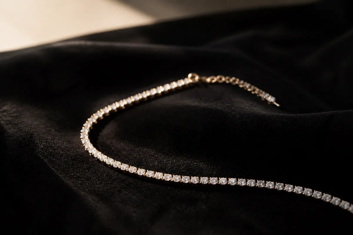 A delicate line bracelet of small diamonds draped across black velvet, catching a single beam of soft light