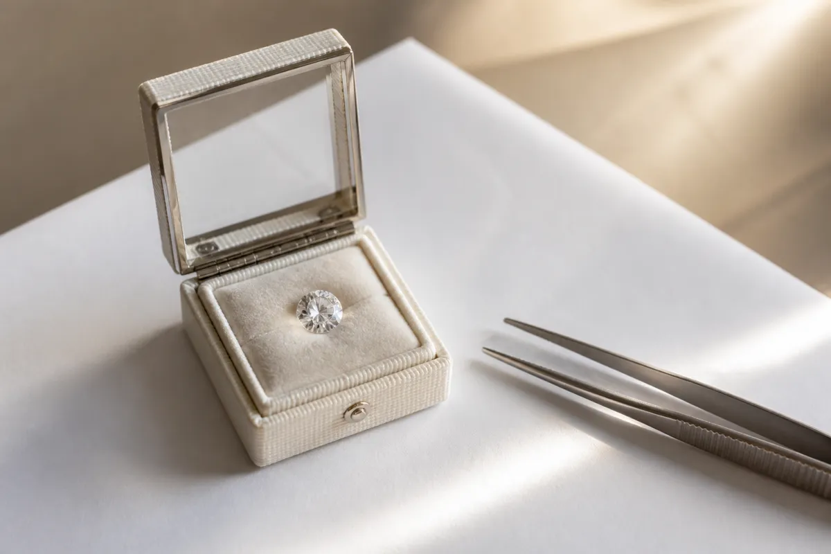 A single loose diamond in a small glass-topped presentation case beside jeweler's tweezers on white paper, bright neutral light