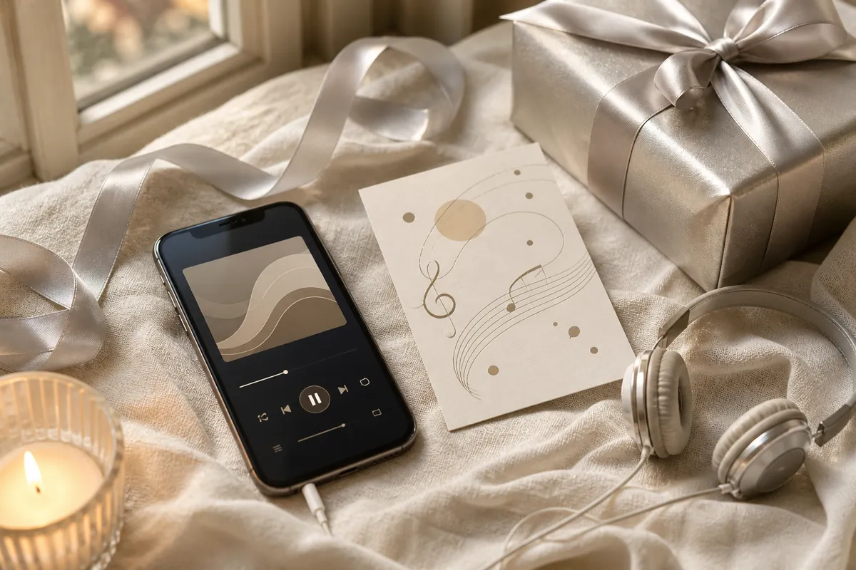 A smartphone playing music on cream linen beside a printed song card and small headphones, a coil of silver ribbon and a silver-wrapped gift