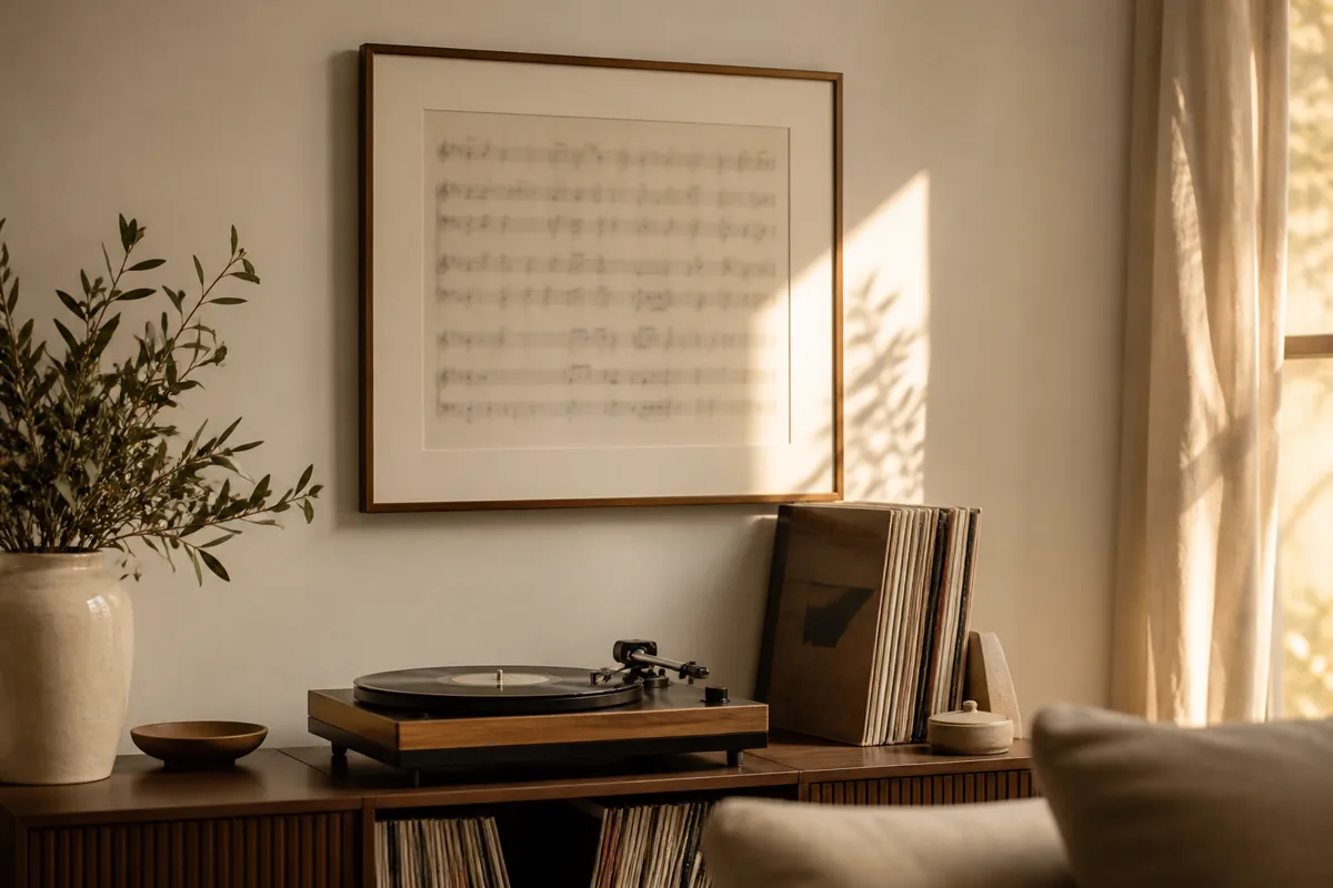 A framed sheet music print with the notation softly out of focus hanging above a record player console
