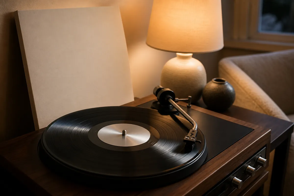 A custom vinyl record with a plain silver center label resting on a turntable, its sleeve leaning against the console, evening lamp light