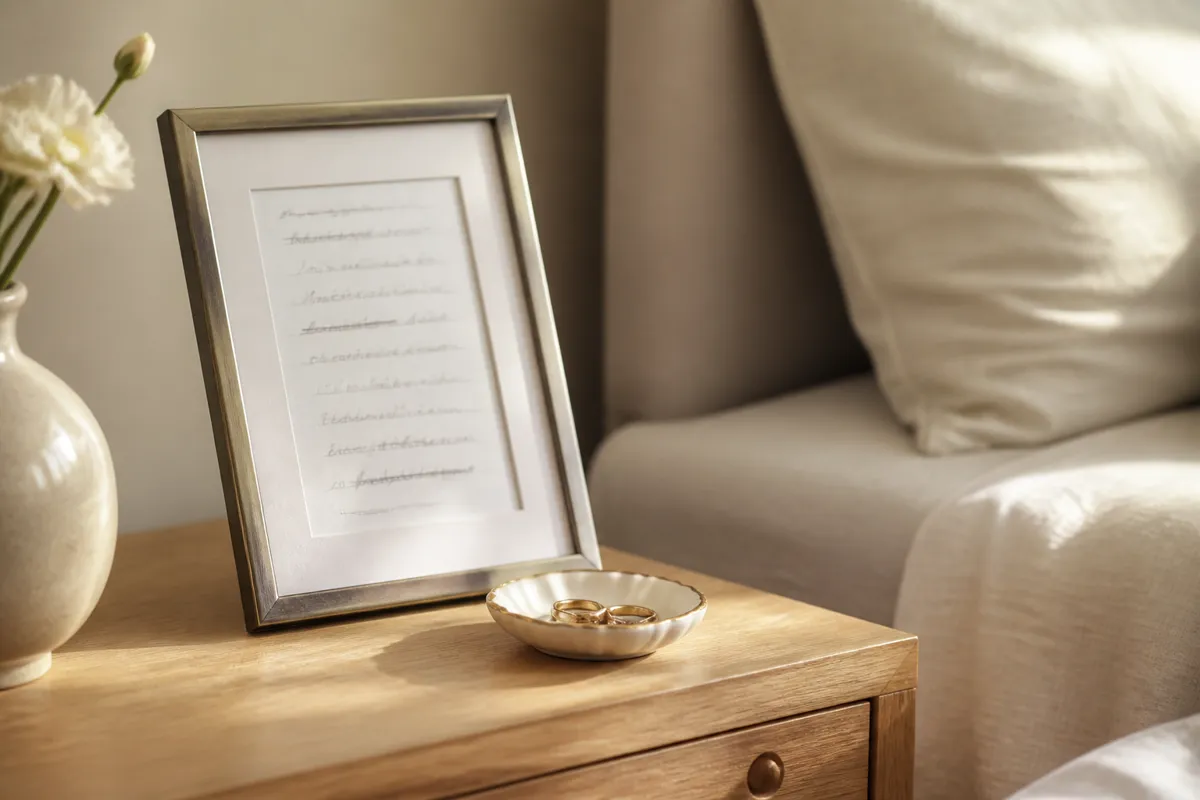 A framed handwritten page with crossed-out lines softly out of focus, standing on a bedside table beside a ring dish