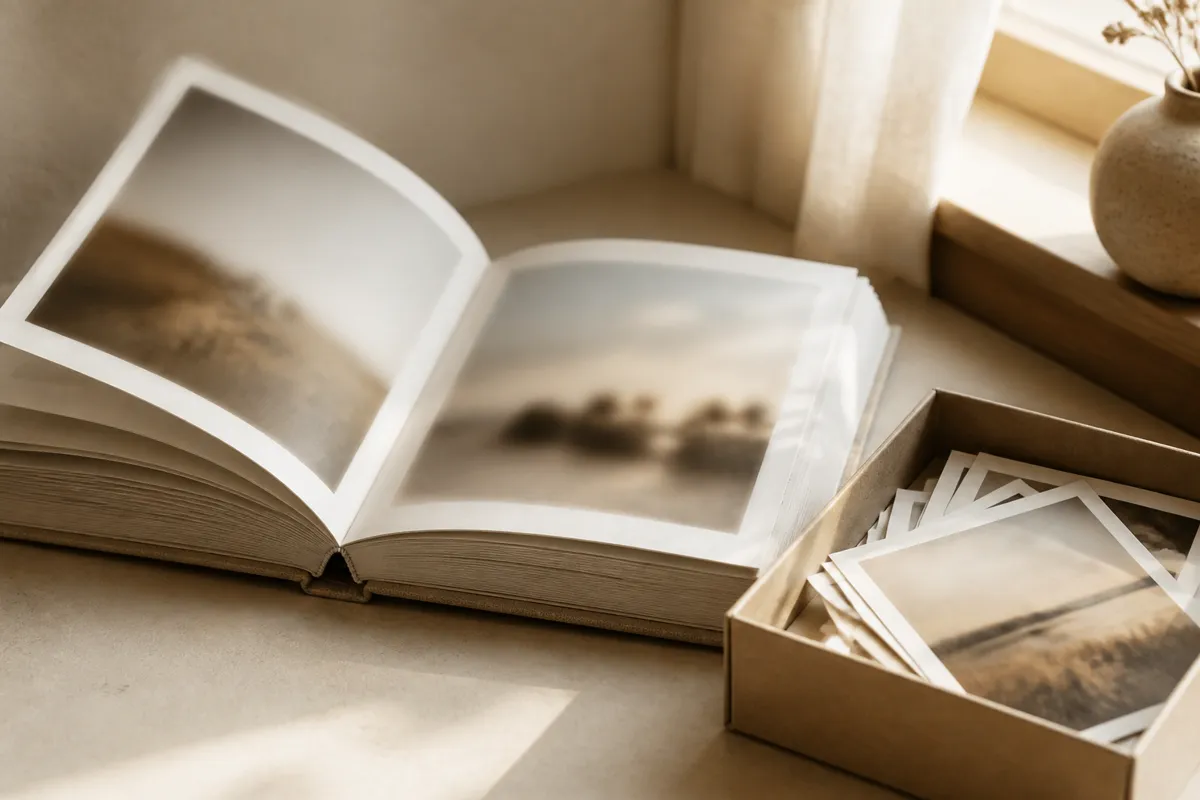 A thick linen photo book open at an angle with its spreads softly out of focus, beside a shoebox of loose prints