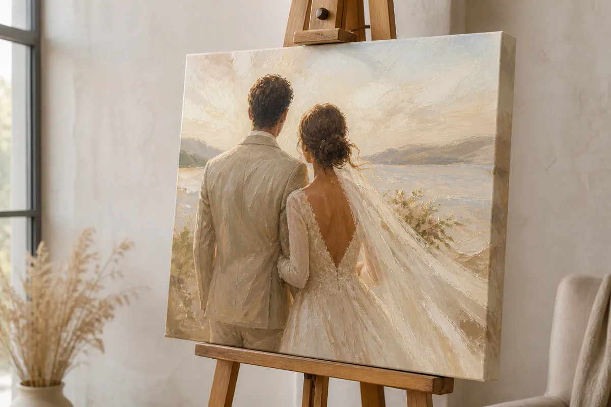 An oil painting of a couple seen from behind in wedding attire, resting on an easel in a bright studio corner, canvas edge visible