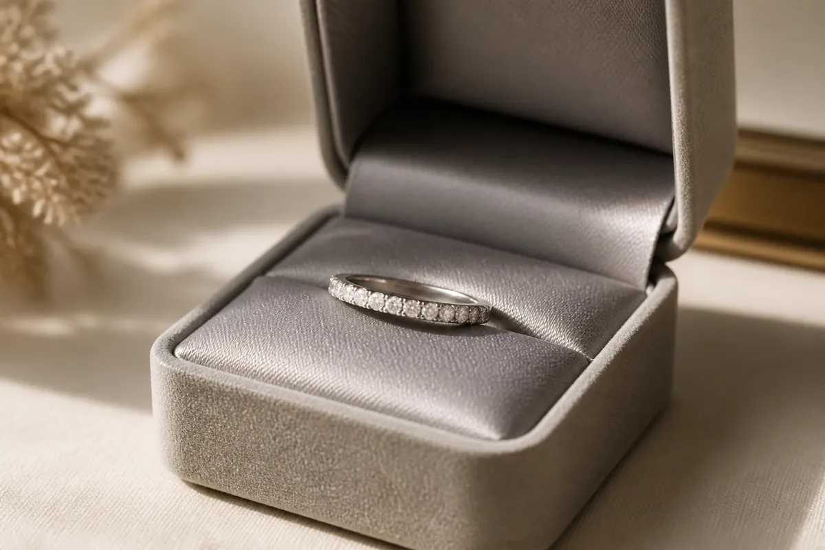 A silver band set with a row of small diamonds resting on grey silk inside an open ring box