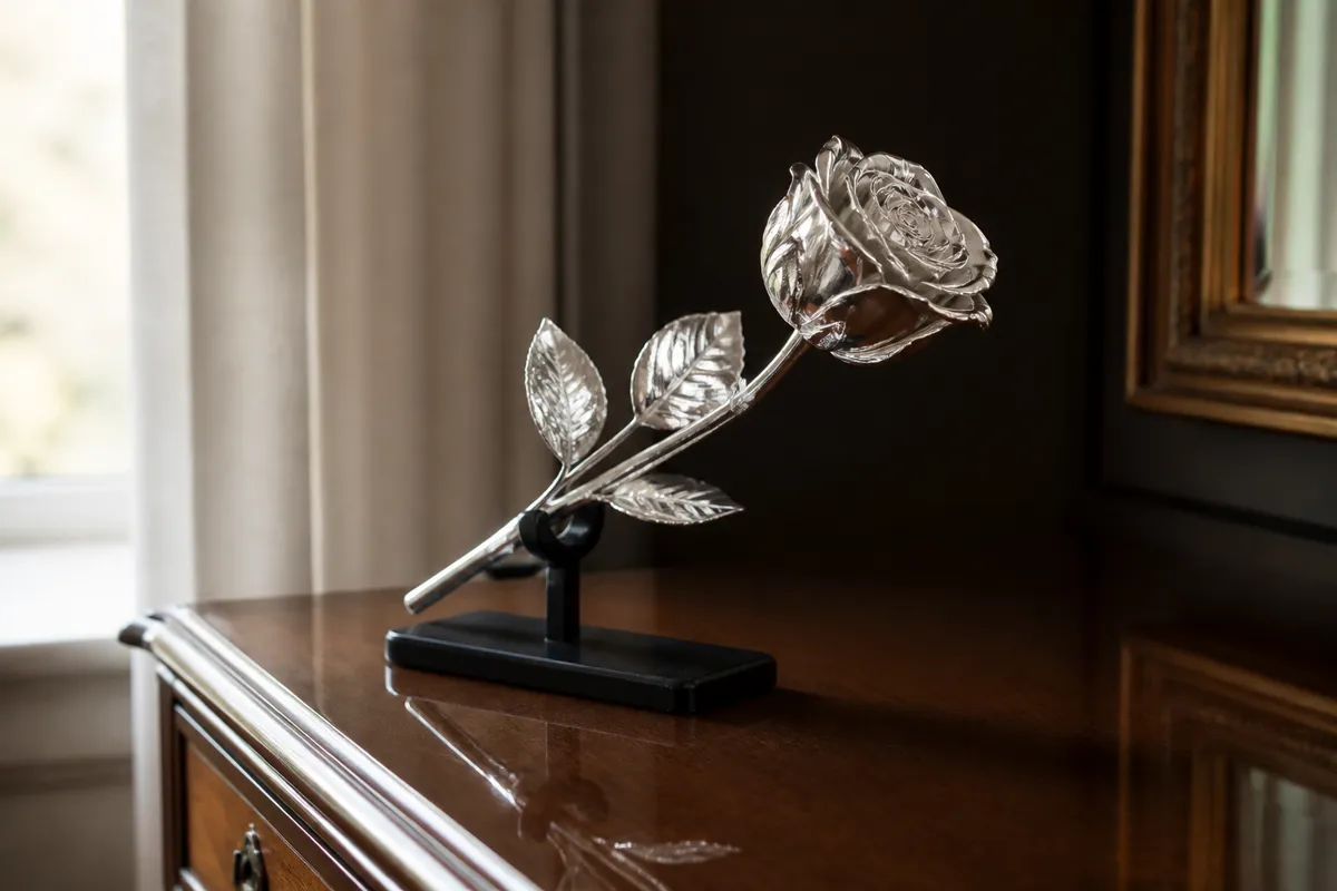 A silver-dipped rose on a small black stand on a polished dresser, a gentle highlight against a soft dark background