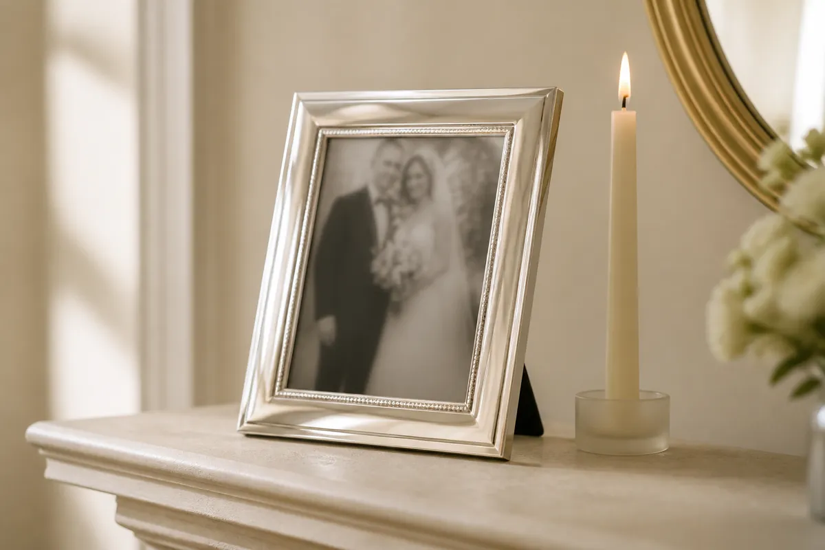 A polished sterling frame holding a softly blurred wedding photo, standing on a mantel beside a lit taper candle