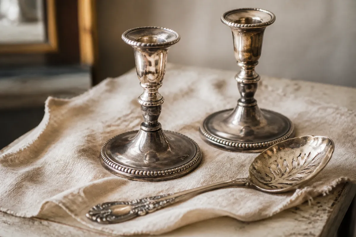 A pair of gently tarnished sterling candlesticks and an ornate serving spoon on aged linen