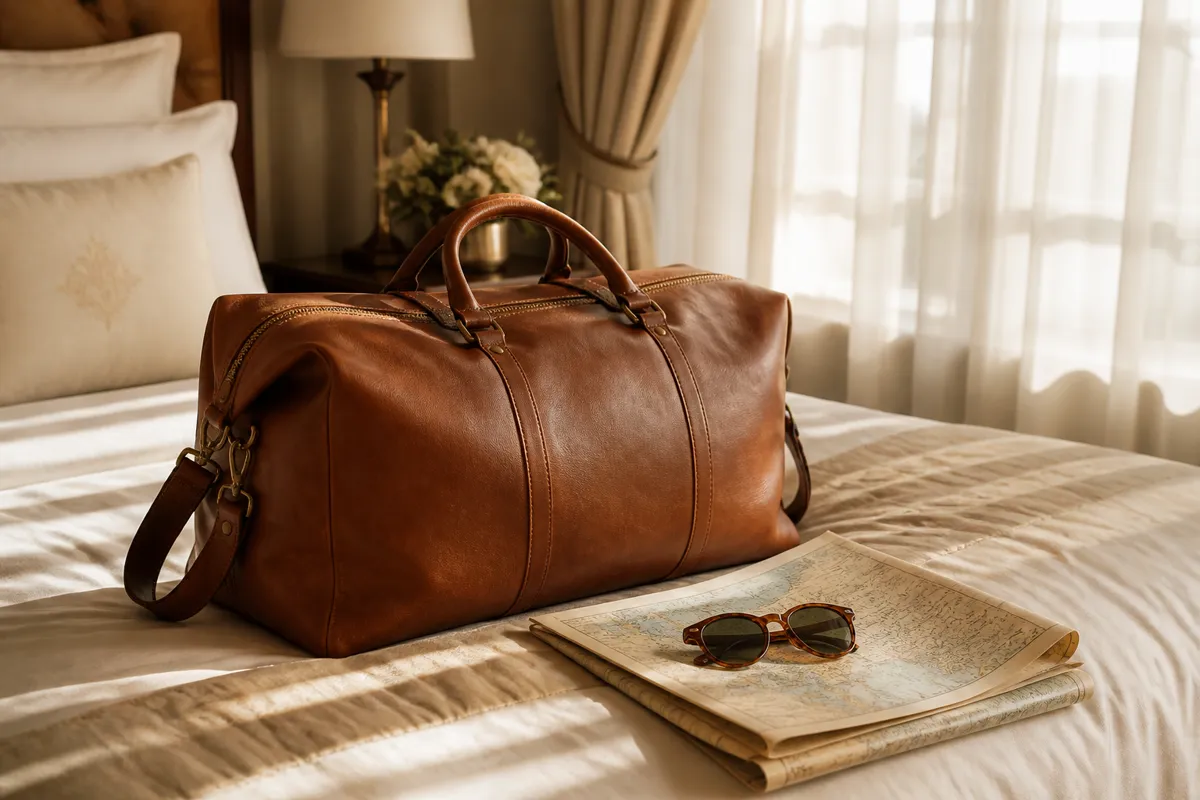 A leather weekend bag with sunglasses and a folded vintage map resting on a hotel bed, sheer curtains glowing with afternoon light